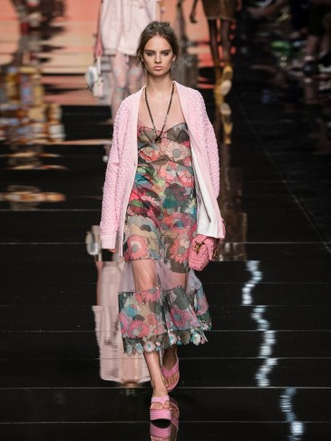 FENDI Tulle-panel windflower-print twill dress in pink and green ~ sheer panelled dresses