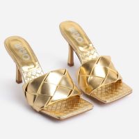 EGO Turntup Woven Square Peep Toe Mule In Metallic Gold Faux Leather – evening glamour