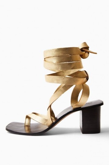 Topshop VANITY Gold Leather Wrap Block Sandals | luxe style metallic sandal - flipped
