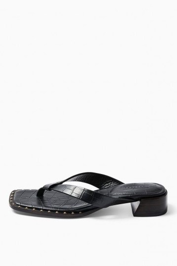 TOPSHOP VERSE Black Leather Mule Sandals / stud trim toe post mules - flipped