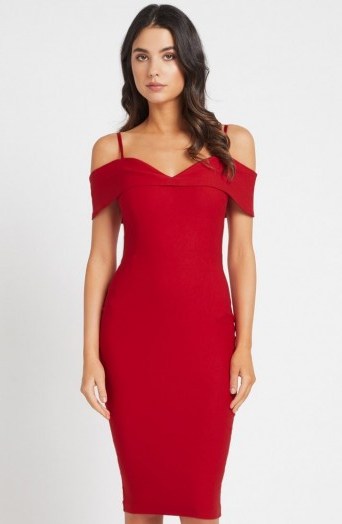 Vesper Billie Bardot Bodycon Dress – red cold shoulder dresses - flipped