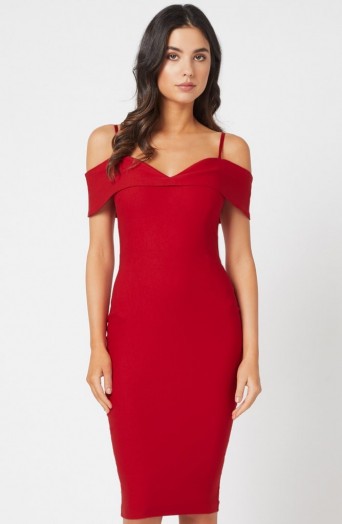 Vesper Billie Bardot Bodycon Dress – red cold shoulder dresses