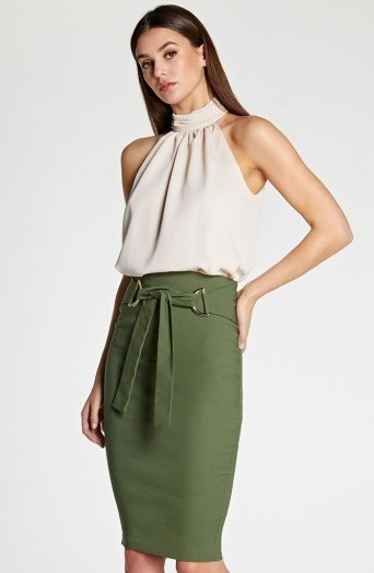 Vesper Cynthia Khaki Pencil Skirt with Belt – front tie skirts - flipped