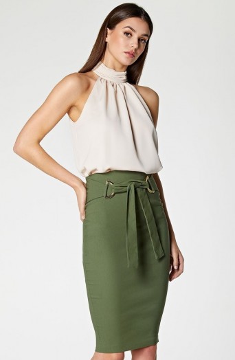 Vesper Cynthia Khaki Pencil Skirt with Belt – front tie skirts