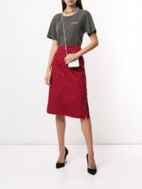 WE11DONE animal-print midi denim skirt in red / asymmetric hemline