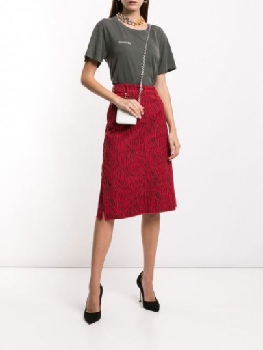 WE11DONE animal-print midi denim skirt in red / asymmetric hemline - flipped