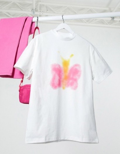 Weekday organic cotton graffiti spray butterfly print t-shirt in white / butterflies - flipped