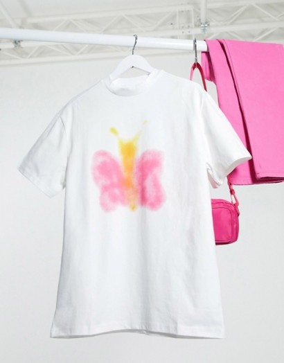 Weekday organic cotton graffiti spray butterfly print t-shirt in white / butterflies