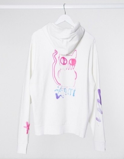 Weekday organic cotton graffiti spray cat print hoodie in white - flipped