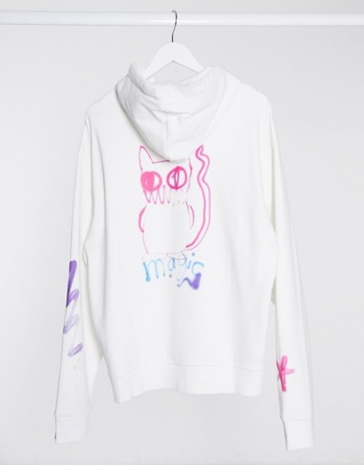 Weekday organic cotton graffiti spray cat print hoodie in white
