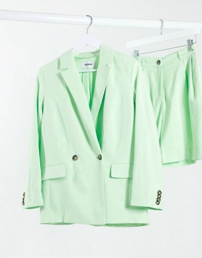 Weekday Yoko co-ord double breasted linen effect blazer in bright green – summer jacket and shorts set