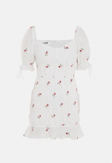 MISSGUIDED white broderie anglaise embroidered mini dress / puffed sleeves / frill trim hemline - flipped