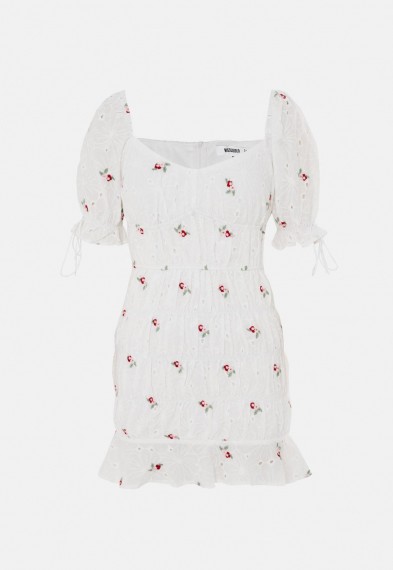 MISSGUIDED white broderie anglaise embroidered mini dress / puffed sleeves / frill trim hemline