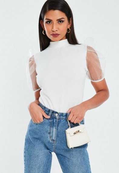 MISSGUIDED white high neck organza short puff sleeve top | sheer sleeve tops - flipped