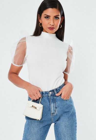 MISSGUIDED white high neck organza short puff sleeve top | sheer sleeve tops