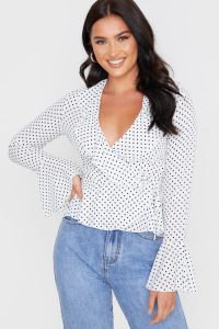 IN THE STYLE WHITE POLKA DOT WRAP FRILL FRONT TOP