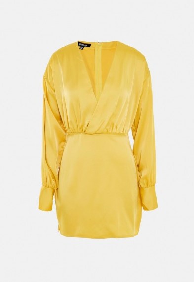 MISSGUIDED yellow satin plunge puff sleeve mini dress - flipped