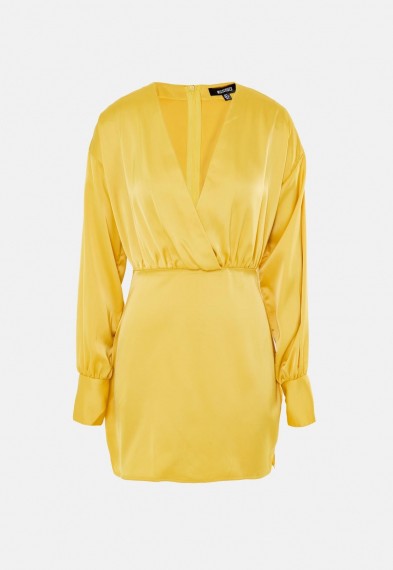 MISSGUIDED yellow satin plunge puff sleeve mini dress