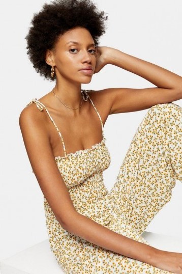 TOPSHOP Yellow Strappy Floral Print Jumpsuit / skinny strap summer jumpsuits - flipped
