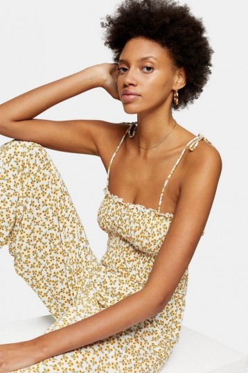 TOPSHOP Yellow Strappy Floral Print Jumpsuit / skinny strap summer jumpsuits