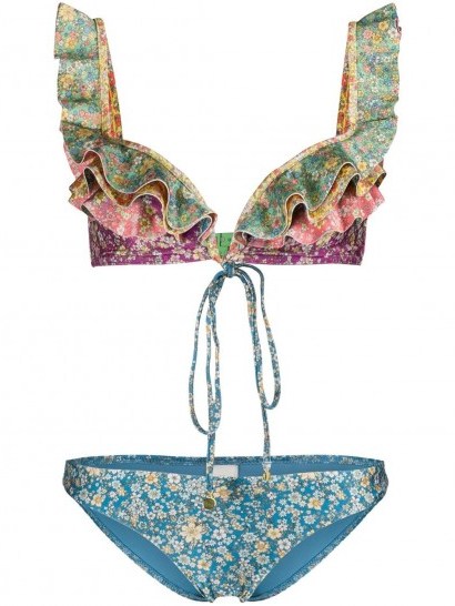 ZIMMERMANN colour-block floral-print bikini / ruffled mixed print bikinis - flipped