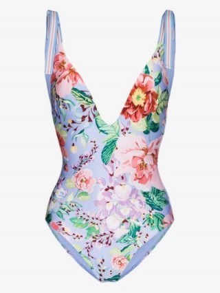 Zimmermann Deep V-Neck Floral Swimsuit / blue plunging swimsuits - flipped