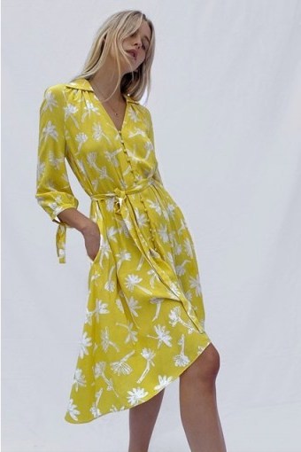 FRENCH CONNECTION ABITA DRAPE LONG SLEEVE BELTED DRESS in POP YELLOW MULTI ~ flower print dresses - flipped