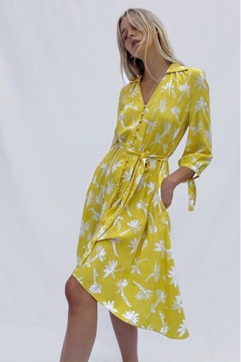 FRENCH CONNECTION ABITA DRAPE LONG SLEEVE BELTED DRESS in POP YELLOW MULTI ~ flower print dresses
