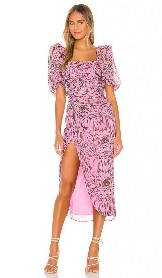 AIIFOS Eleanor Dress Pink & Coffee ~ square neck dresses ~ puffed sleeves ~ thigh high front slit - flipped
