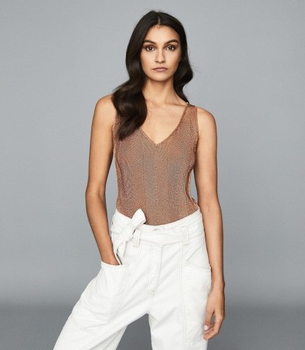 Reiss ALICE METALLIC KNITTED TOP ROSE GOLD ~ effortless summer glamour - flipped