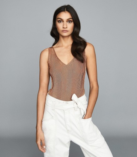 Reiss ALICE METALLIC KNITTED TOP ROSE GOLD ~ effortless summer glamour
