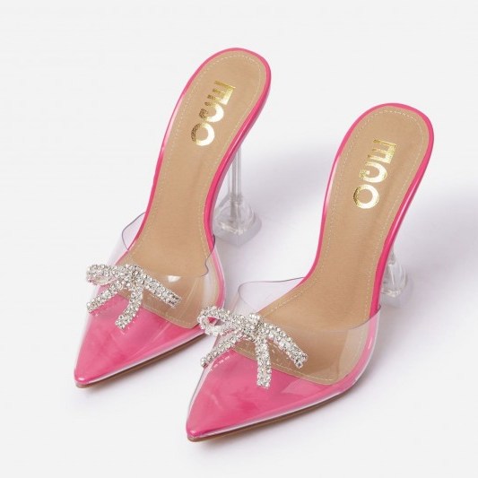 EGO All-That Diamante Bow Detail Clear Perspex Pyramid Heel Mule In Pink Patent - flipped