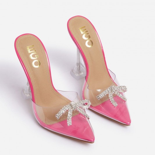 EGO All-That Diamante Bow Detail Clear Perspex Pyramid Heel Mule In Pink Patent