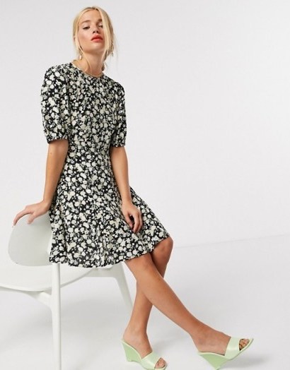 & Other Stories floral print balloon sleeve flippy dress in black - flipped