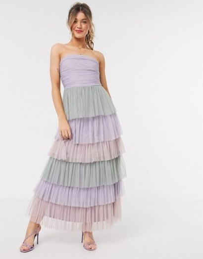 Anaya With Love bandeau contrast ruffle tiered midaxi prom dress in multi print – mauve, pink & green tiers - flipped