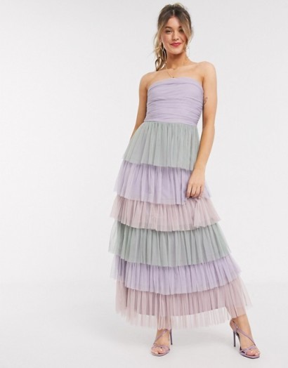 Anaya With Love bandeau contrast ruffle tiered midaxi prom dress in multi print – mauve, pink & green tiers