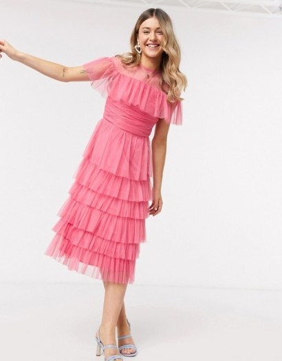 Anaya With Love mesh top tiered ruffle midi dress in pink – ruffled tiers – party dresses - flipped