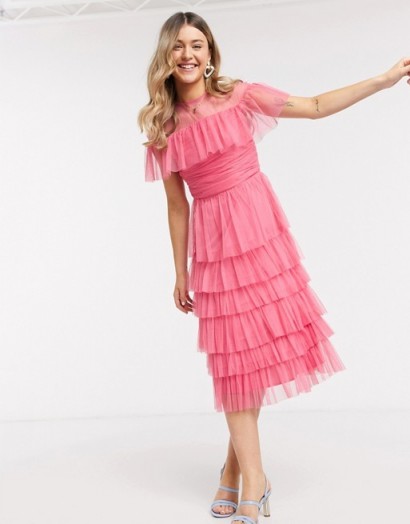 Anaya With Love mesh top tiered ruffle midi dress in pink – ruffled tiers – party dresses