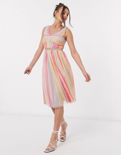 Anaya With Love Petite cross neck pleated midi dress in stripe print – candy striped dresses - flipped