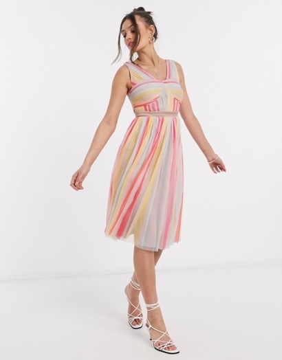 Anaya With Love Petite cross neck pleated midi dress in stripe print – candy striped dresses