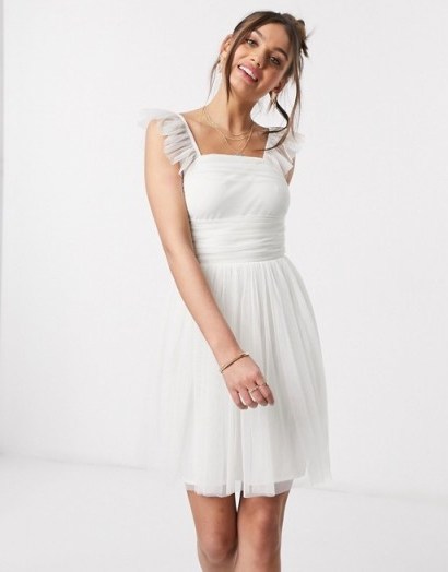 Anaya With Love Petite frill sleeve mini ruched prom dress is white – ruffle strap skater dresses - flipped