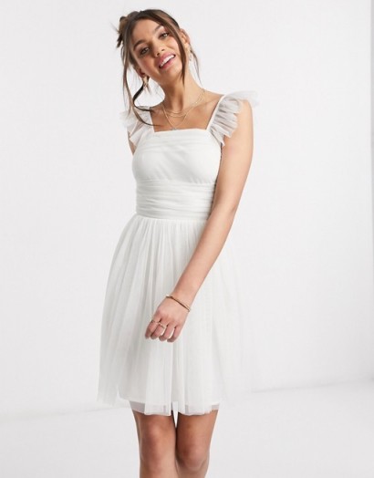 Anaya With Love Petite frill sleeve mini ruched prom dress is white – ruffle strap skater dresses