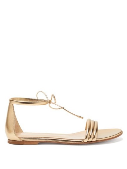 GIANVITO ROSSI Ankle-tie metallic leather sandals / gold luxe flats