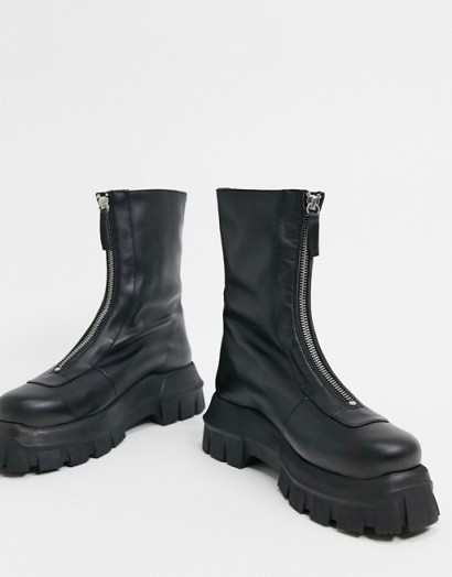 ASOS DESIGN Apricot leather chunky zip front boots in black / zipped thick-sole boot