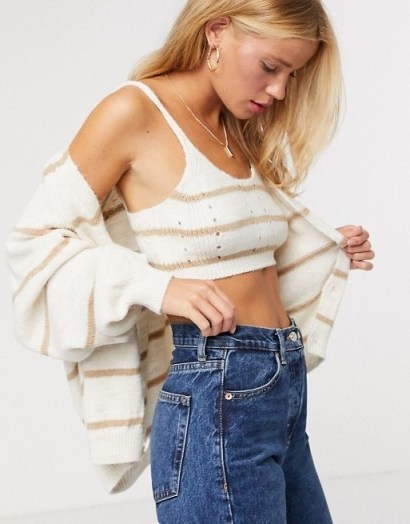 ASOS DESIGN cardi and bralet co-ord in cream stripe | knitted co-ords - flipped
