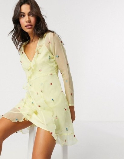 ASOS DESIGN embroidered organza mini wrap dress in yellow - flipped