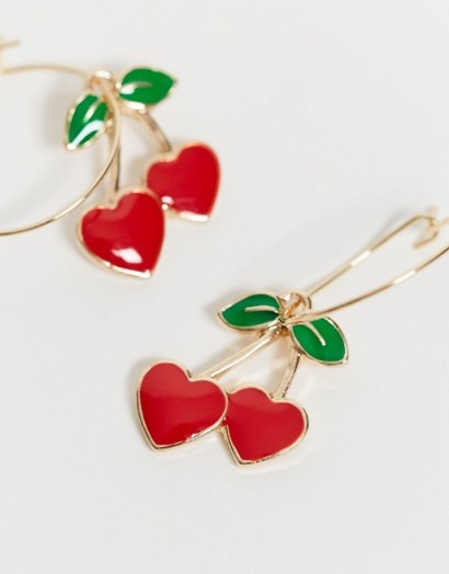 ASOS DESIGN hoop earrings with cherry charm in gold tone / fruit fashion jewellery / cherries