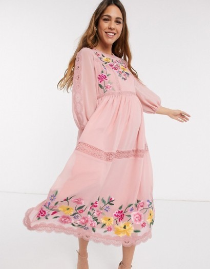 ASOS DESIGN Maternity embroidered midi skater dress with lace trims and puff sleeves in soft pink
