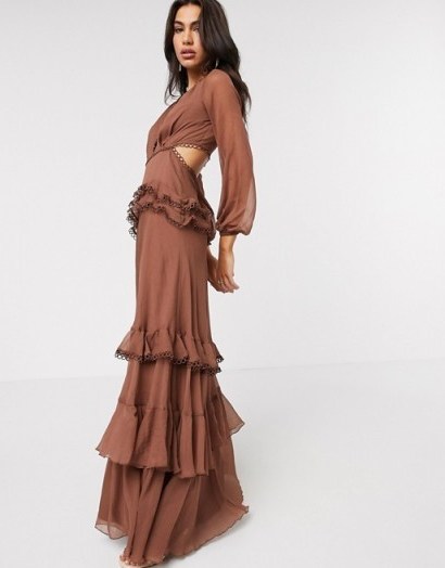 ASOS DESIGN maxi dress with long sleeve and circle trim in chocolate – cut out dresses - flipped