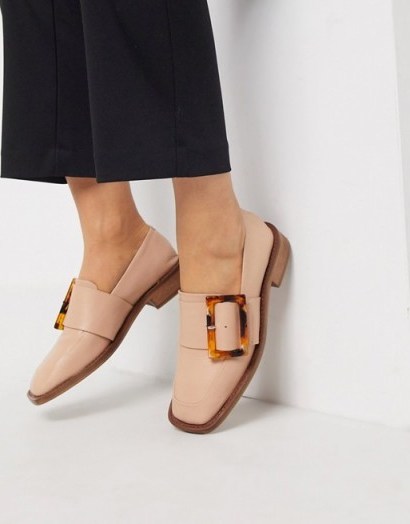 ASOS DESIGN Millicent premium leather square toe buckle loafer in beige / luxe look loafers - flipped